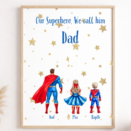Framed artwork of a superhero family with 'Dad' and children's names on a white wall.