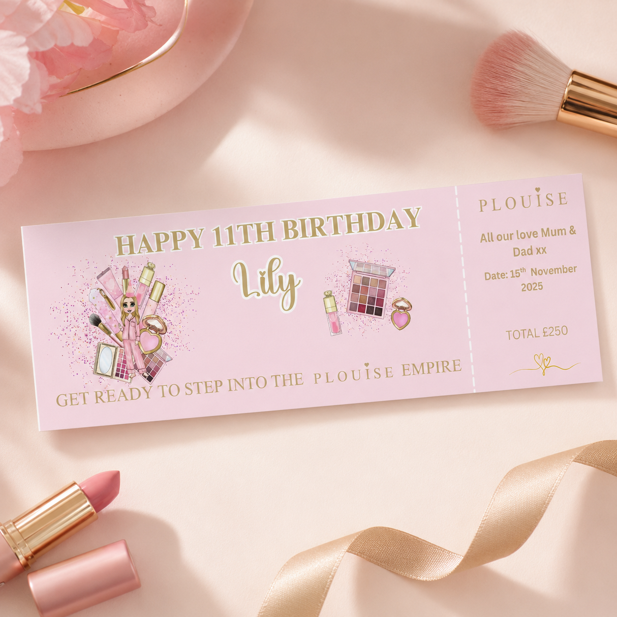 Personalised pink P.Louise shopping gift voucher for a birthday