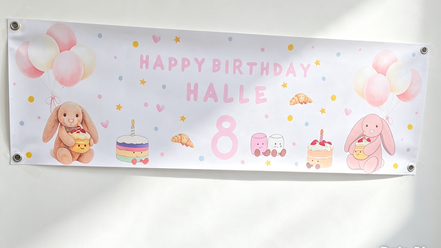 Personalised pink bunny eighth birthday banner featuring the name Halle, balloons and birthday cakes.