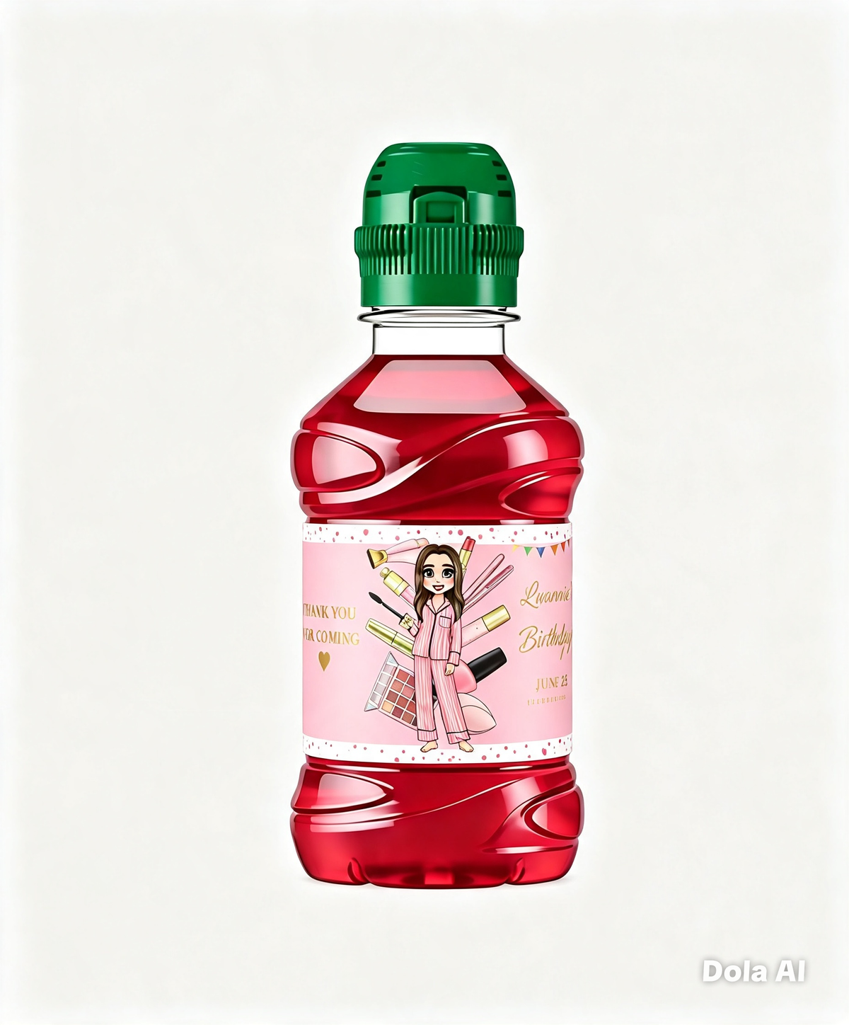 Personalised pink makeup birthday Fruit Shoot bottle label with illustrated girl, cosmetics and party details