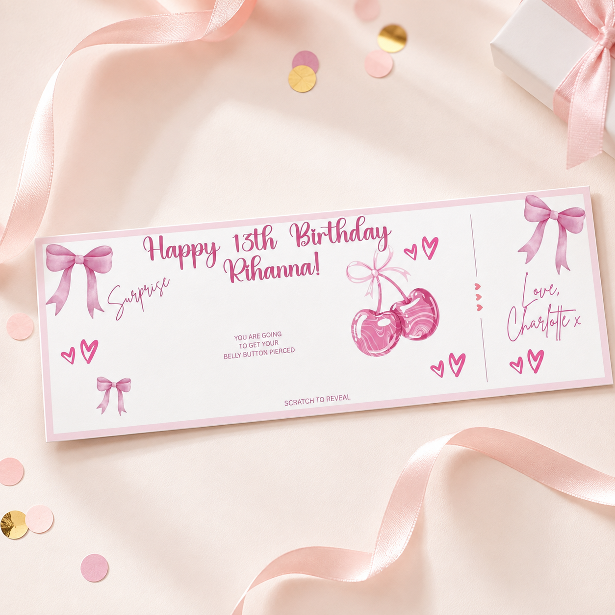 Personalised pink scratch-to-reveal birthday surprise ticket