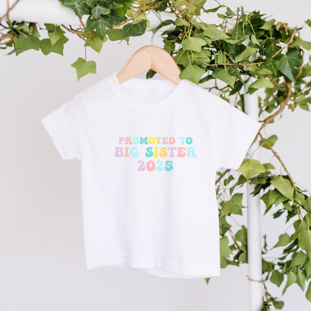 White t-shirt with 'Promoted to Big Sister 2025' text on a hanger with green leaves in the background