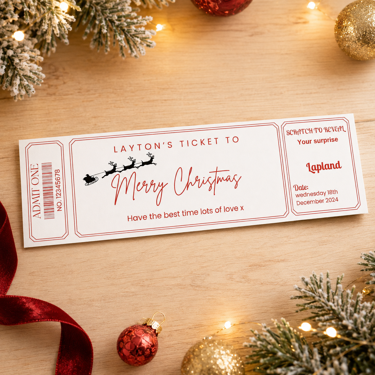 Personalised red Lapland scratch-to-reveal Christmas ticket