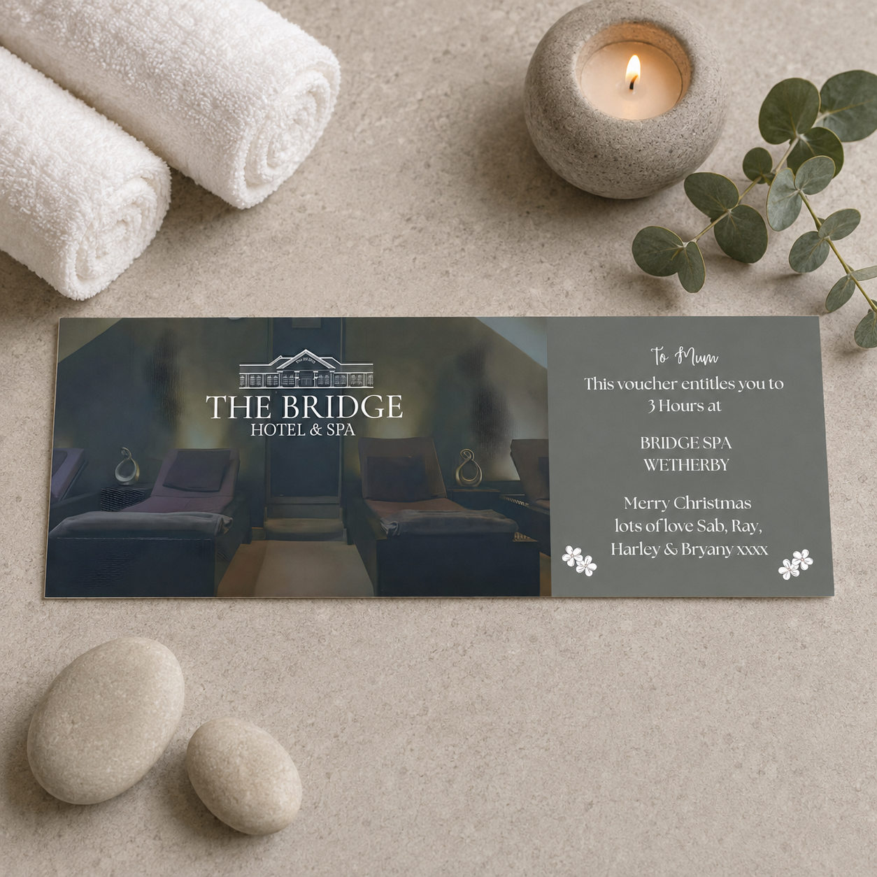 Personalised spa day gift voucher with optional name envelope