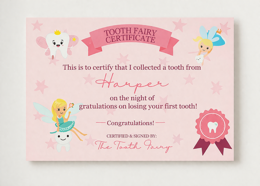 Tooth fairy certificate for a child named Harper on a pink background with tooth fairy illustrations.