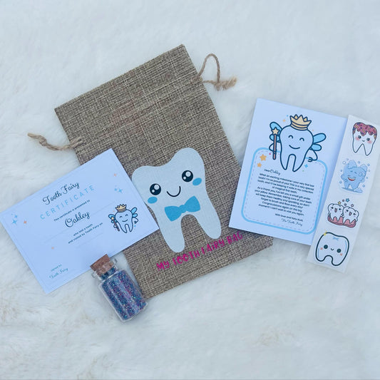 A personalised tooth fairy set including a small bag, a tooth-shaped card, a letter and certificate, tooth fairy dust in a small bottle, and tooth fairy stickers on a white background.