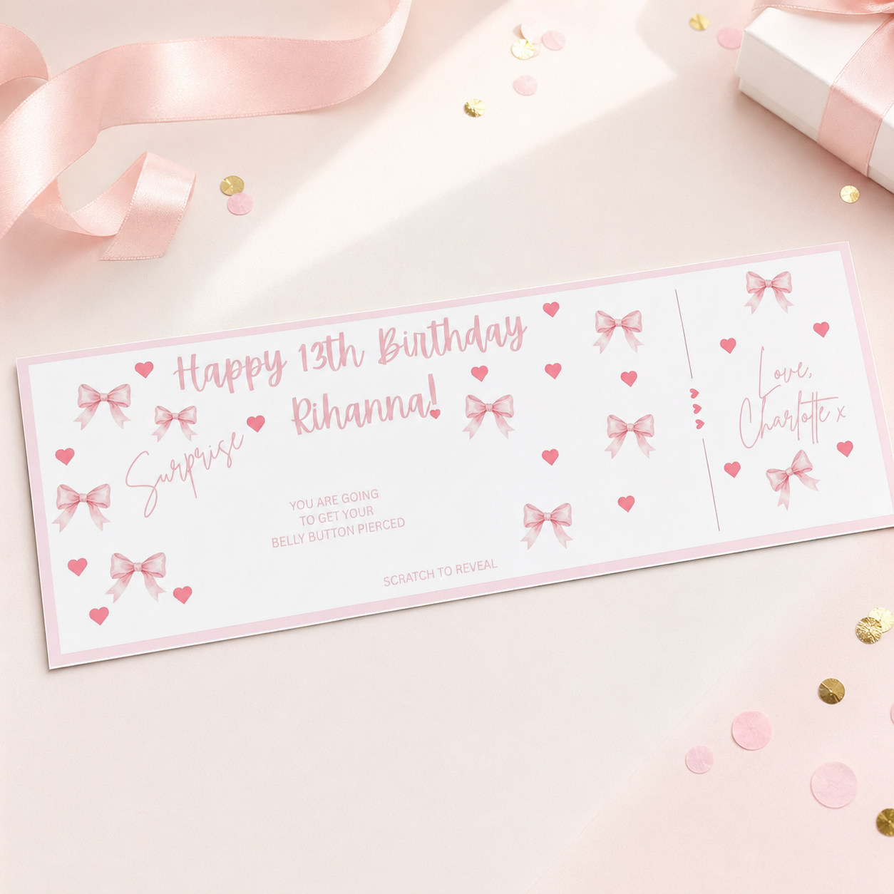 Pink bow scratch-to-reveal ticket for a birthday surprise