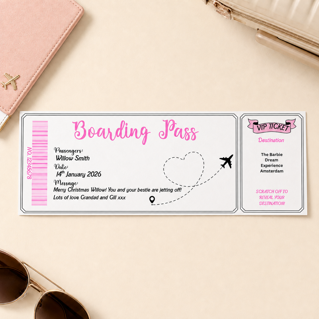 Printed personalised boarding pass for a holiday surprise reveal
