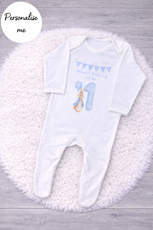 Personalised First Birthday Peter Rabbit Themed Sleepsuit