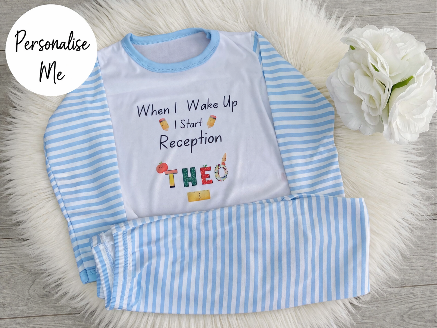 Blue Striped When I Wake Up I Start Reception Personalised Children Pyjamas 