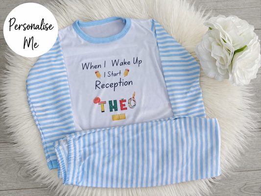 Blue Striped When I Wake Up I Start Reception Personalised Children Pyjamas 