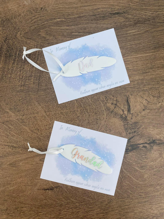 White feather with silver text on for remembering loved ones that left us to soon