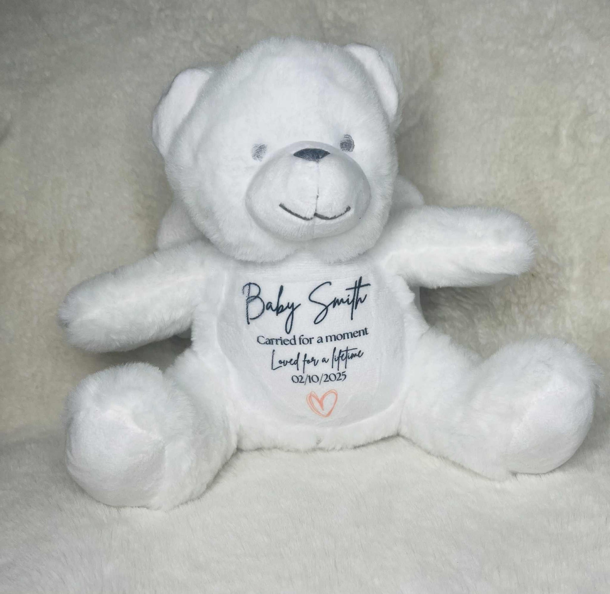 White personalised baby loss teddy keepsake with embroidered name and date