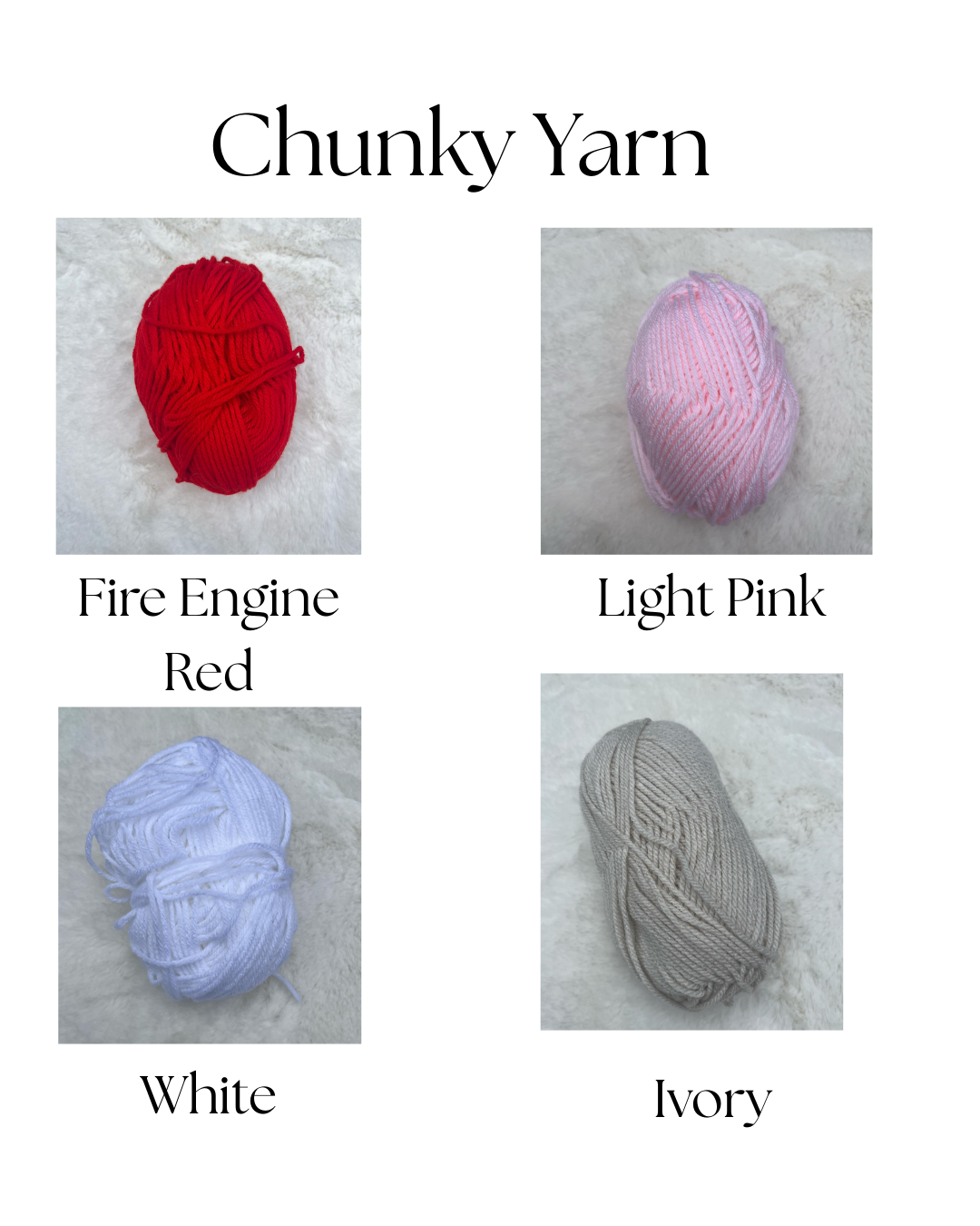 Four balls of yarn in different colors with labels on a white background