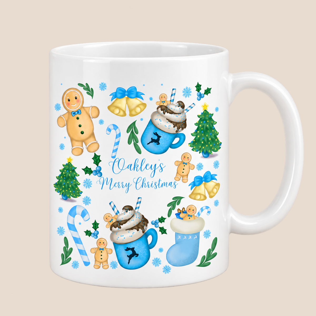 Personalised Blue Christmas Treats Mug with custom name