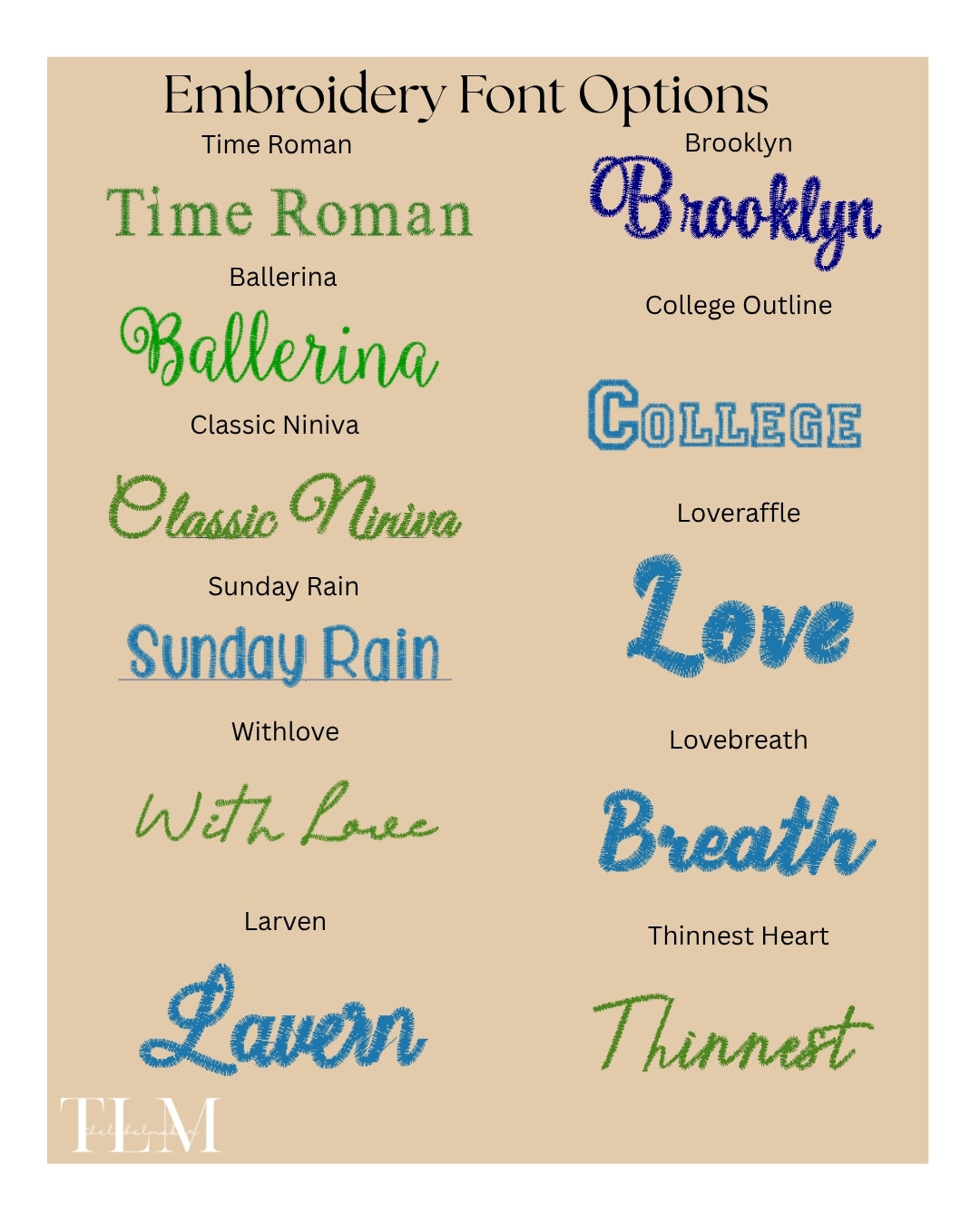 Eleven embroidery font options for personalised baby knitwear.