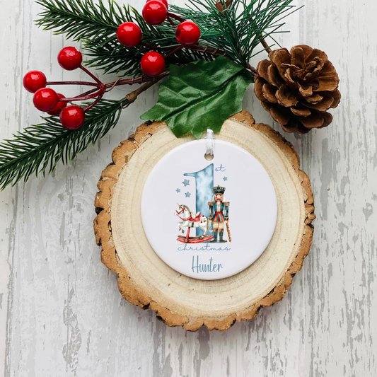 Personalised ceramic Christmas bauble with blue Christmas train, name and optional year