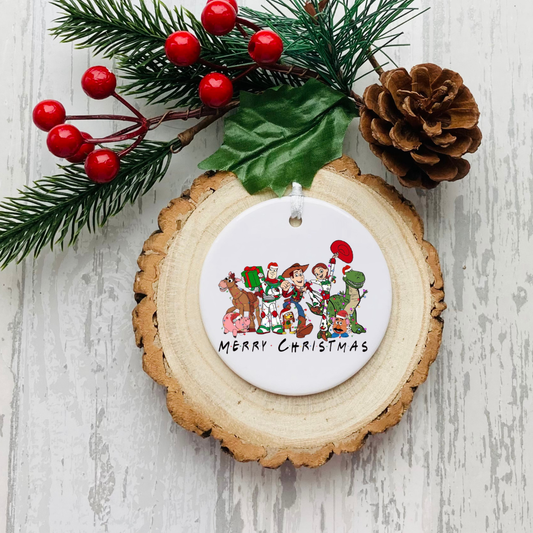 Personalised ceramic Christmas bauble with festive animal friends and Merry Christmas wording