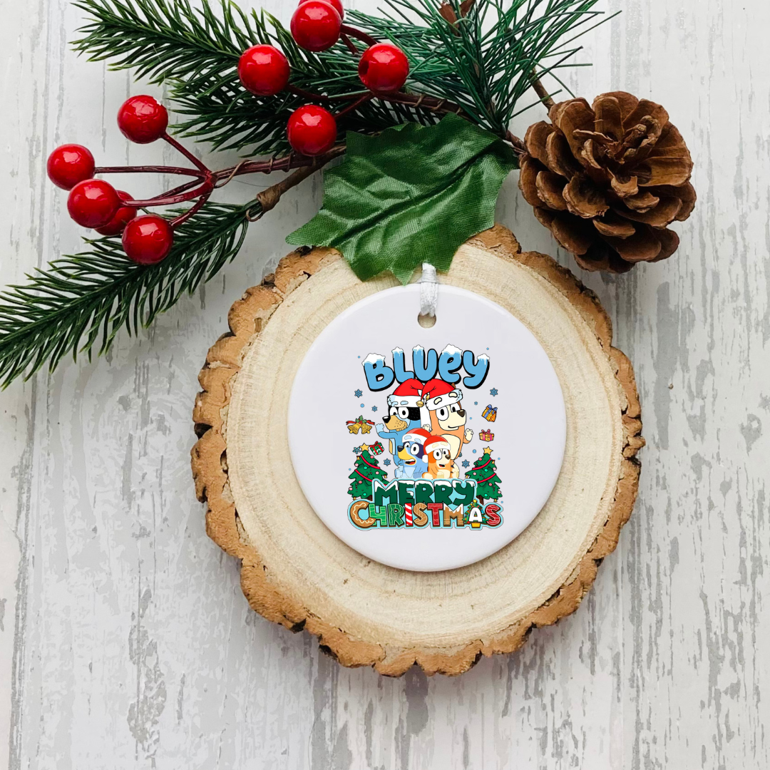 Personalised ceramic Christmas bauble with blue Christmas character scene and Merry Christmas wording