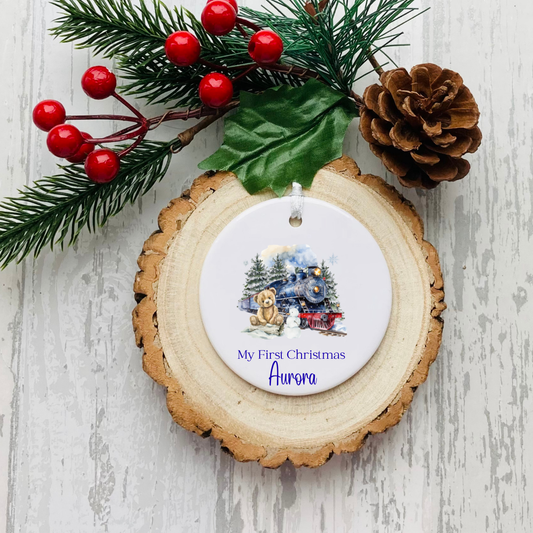 Personalised ceramic Christmas bauble with blue teddy Christmas scene and My First Christmas wording