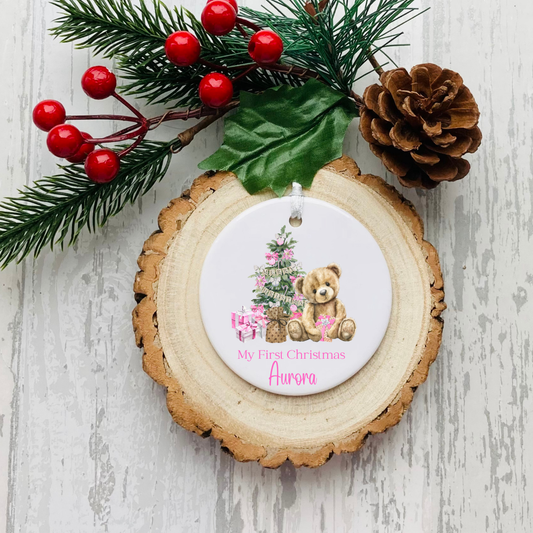 Personalised ceramic Christmas bauble with pink teddy and tree My First Christmas design