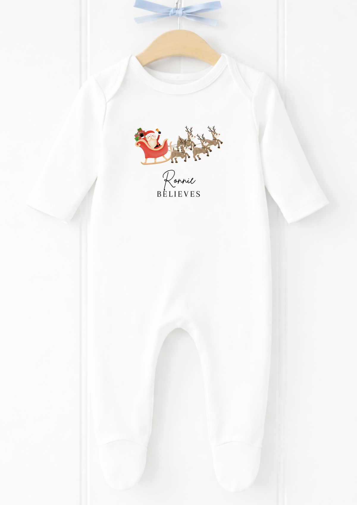 Personalised Santa sleigh believes Christmas sleepsuit and baby vest