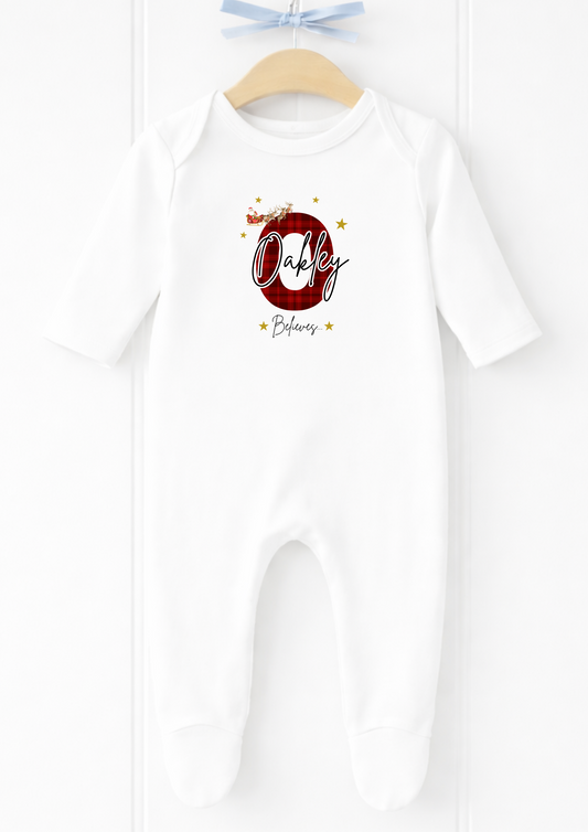 Personalised Christmas initial baby sleepsuit and vest with name