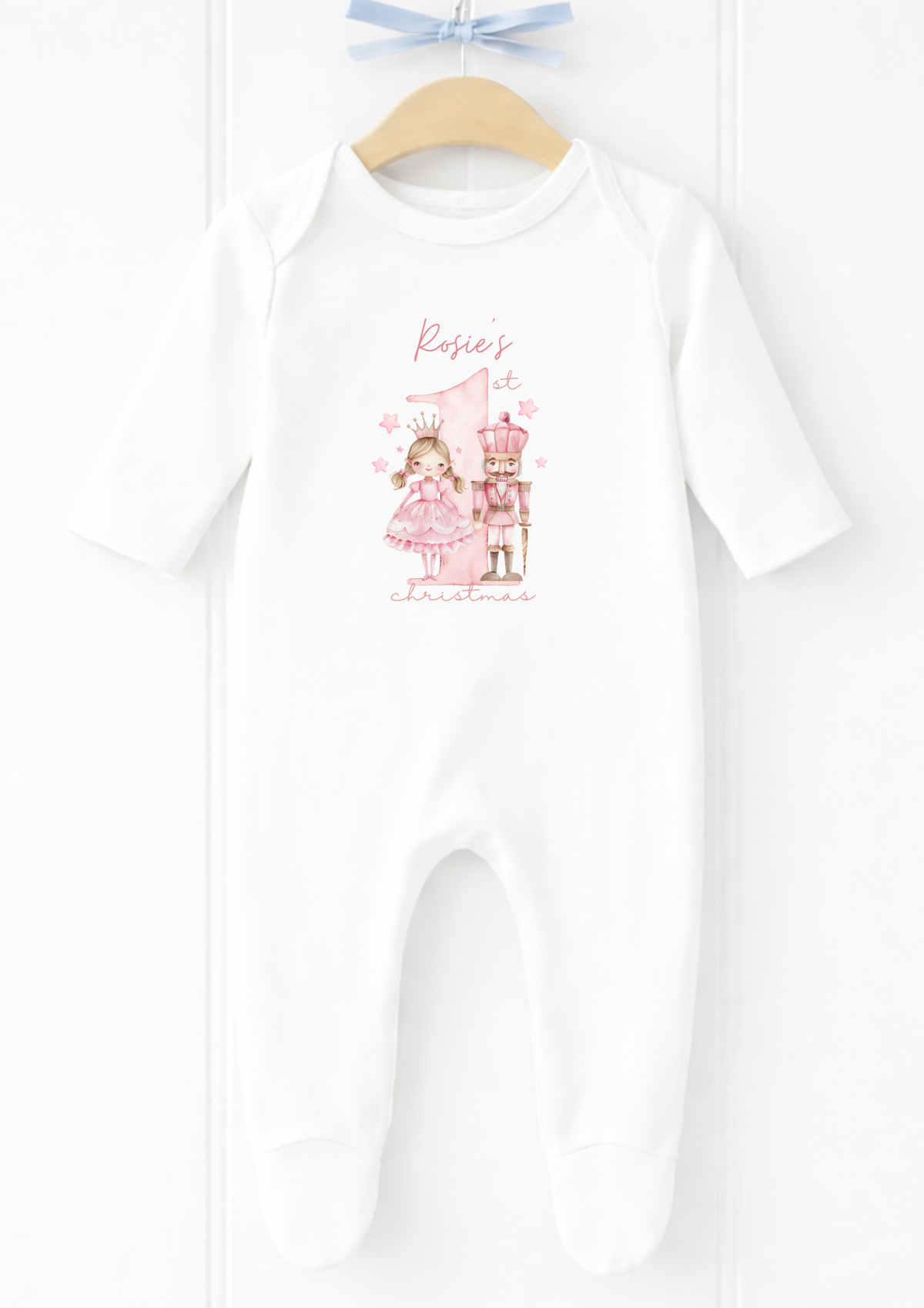 Personalised pink nutcracker Christmas baby sleepsuit and vest