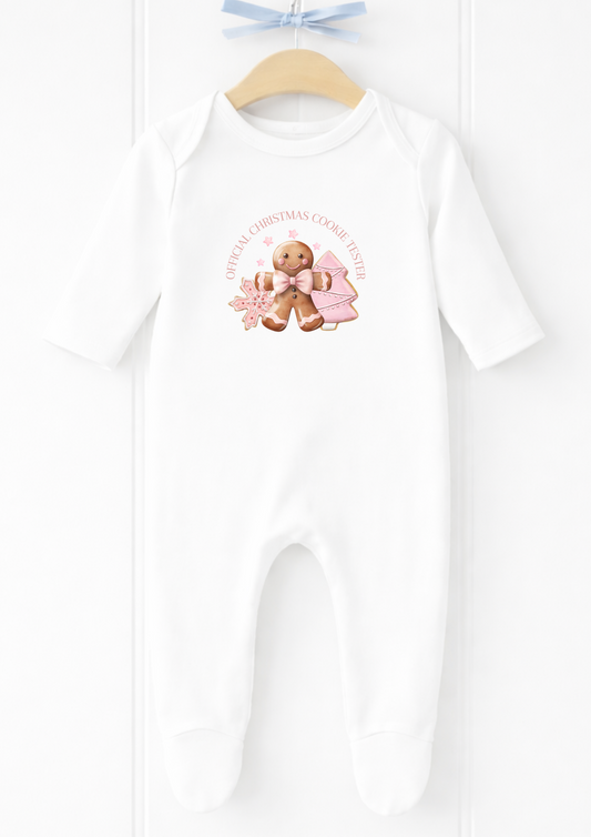 Personalised pink gingerbread first Christmas sleepsuit and vest