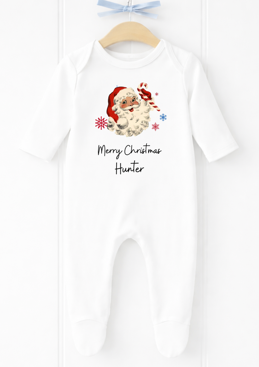 Personalised vintage Santa Christmas baby sleepsuit and vest