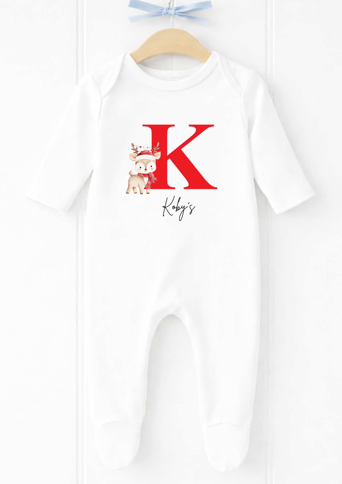 Personalised red initial reindeer Christmas sleepsuit and vest
