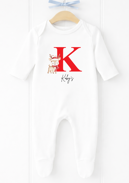 Personalised red initial reindeer Christmas sleepsuit and vest