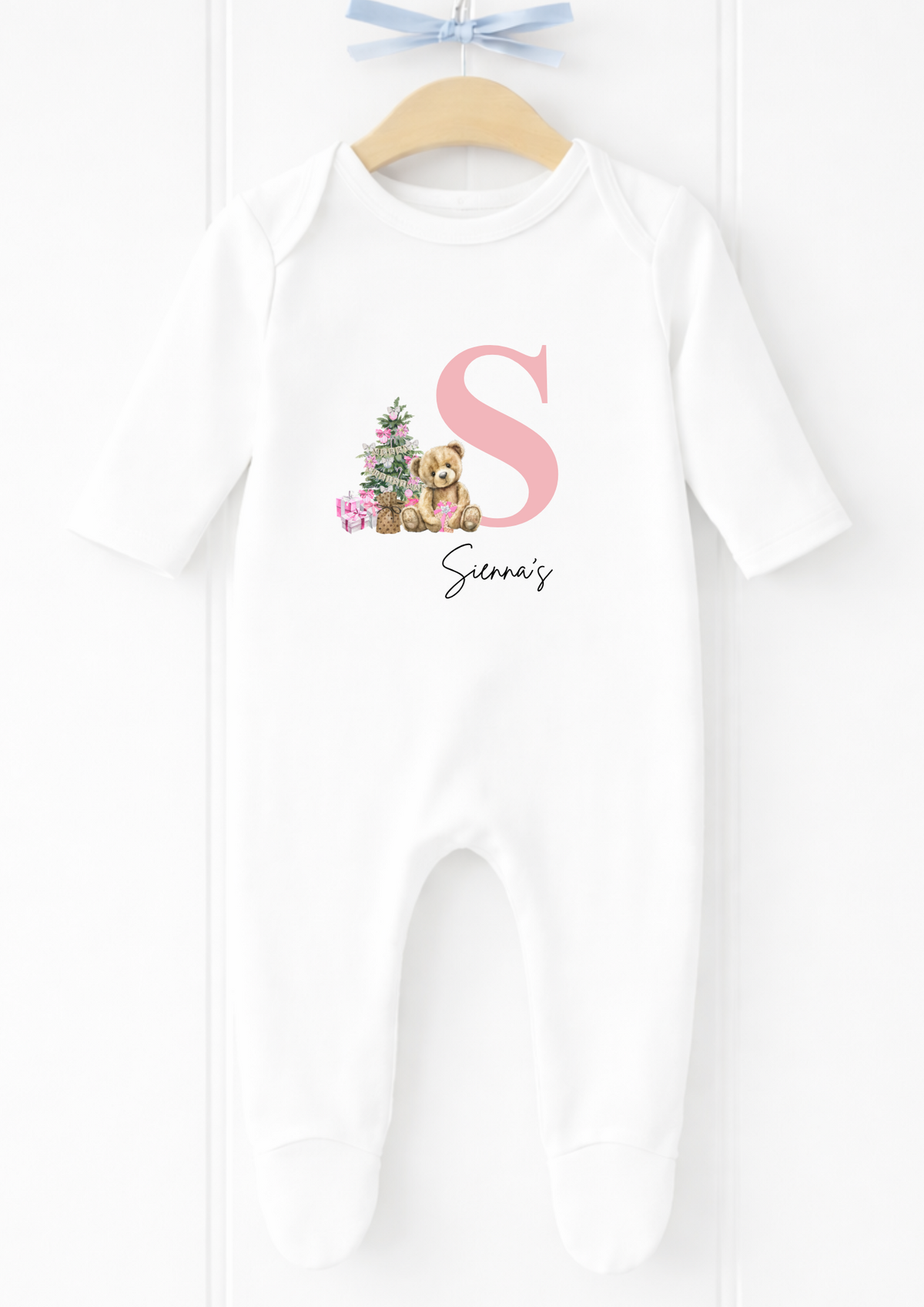 Personalised pink initial Christmas baby sleepsuit and vest