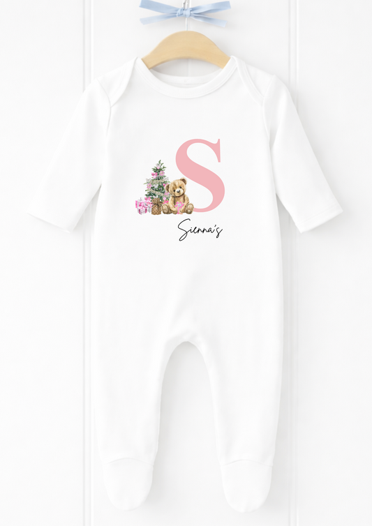 Personalised pink initial Christmas baby sleepsuit and vest