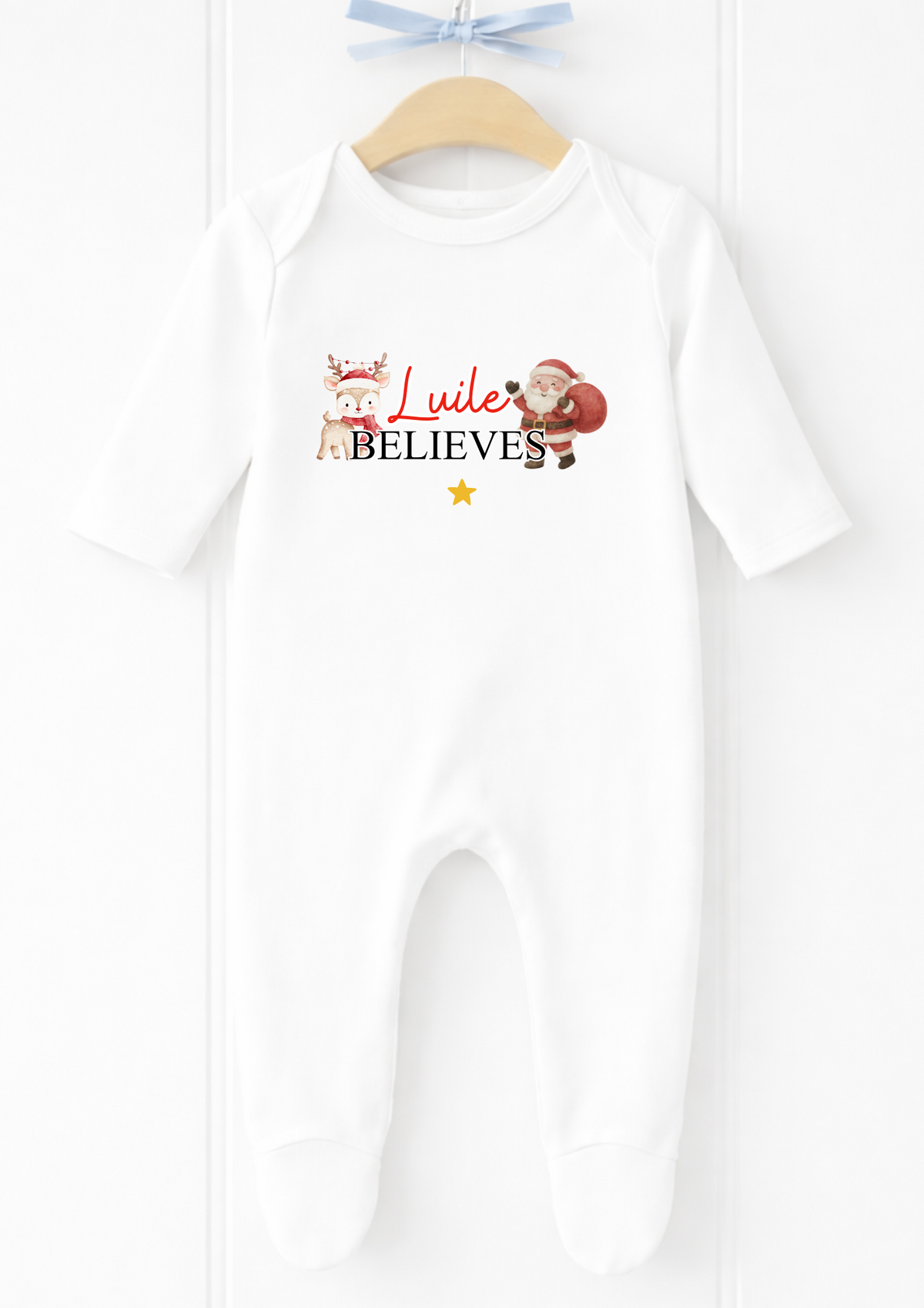 Personalised Santa believes Christmas baby sleepsuit and vest