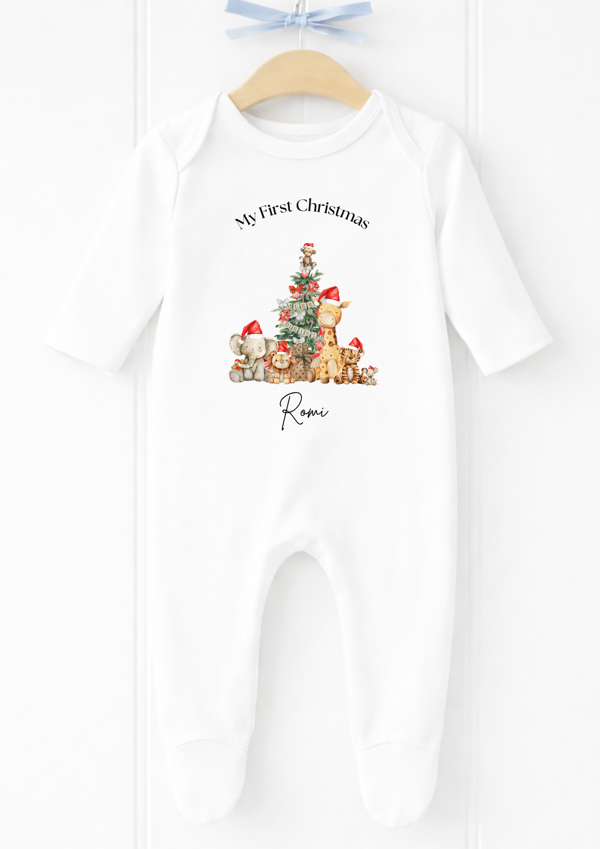 Personalised safari animals first Christmas sleepsuit and vest