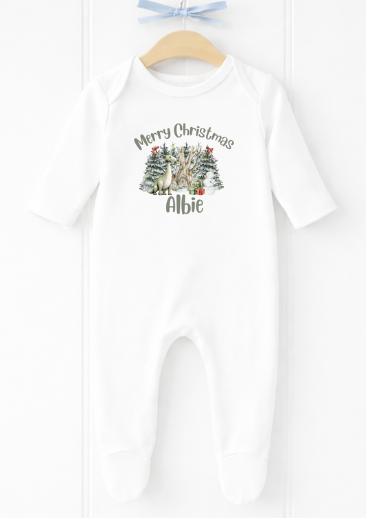 Personalised snowy Christmas tree baby sleepsuit and vest