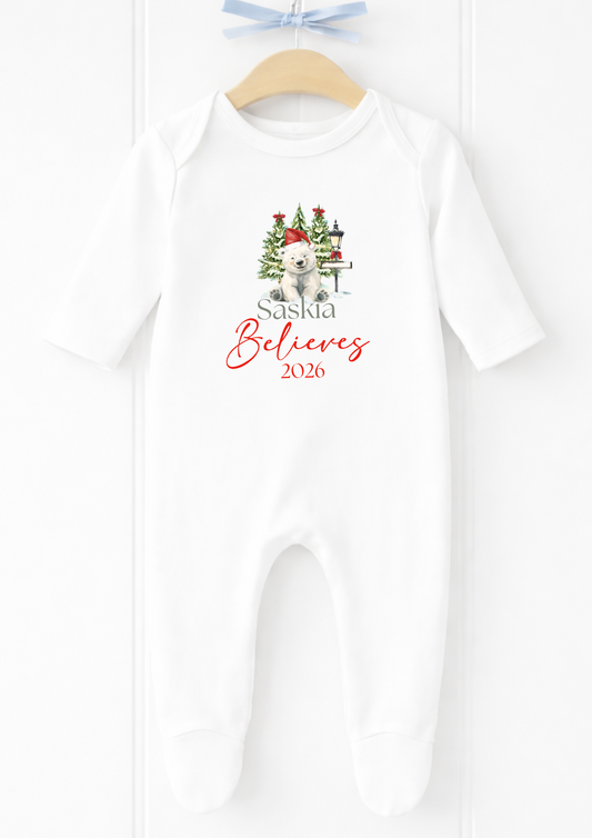 Personalised polar bear believes Christmas baby sleepsuit and vest