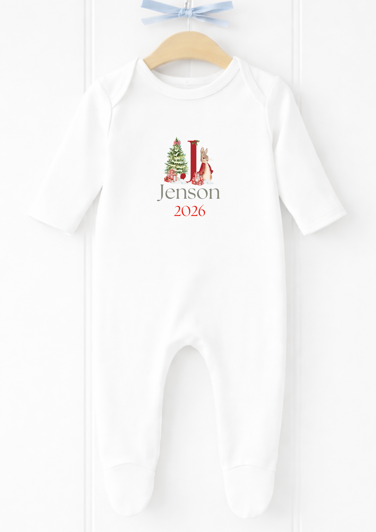 Personalised Christmas tree initial baby sleepsuit and vest