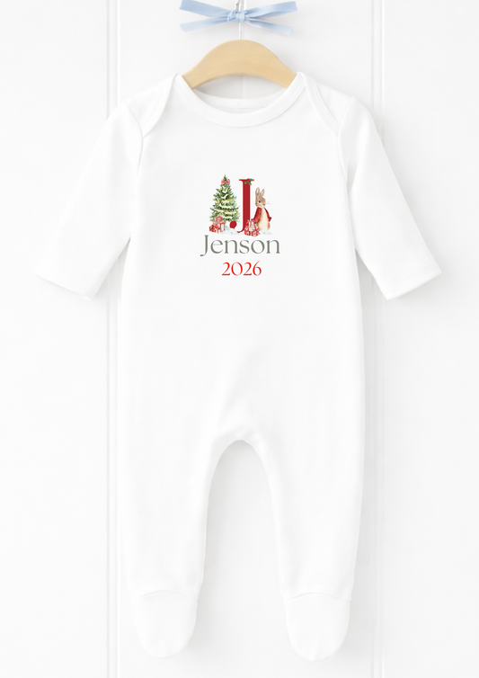 Personalised Christmas tree initial baby sleepsuit and vest