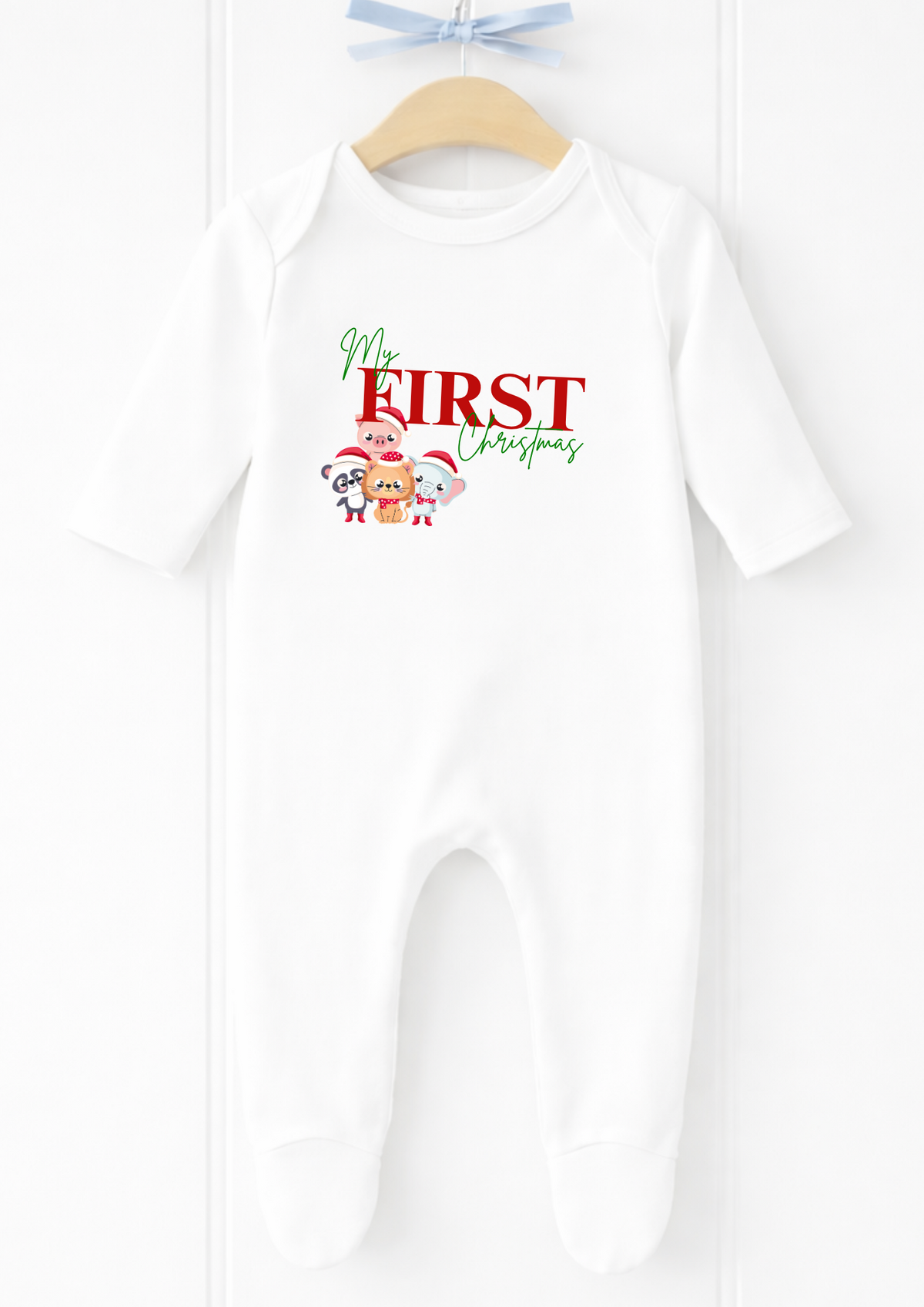 Personalised My First Christmas festive characters sleepsuit and vest