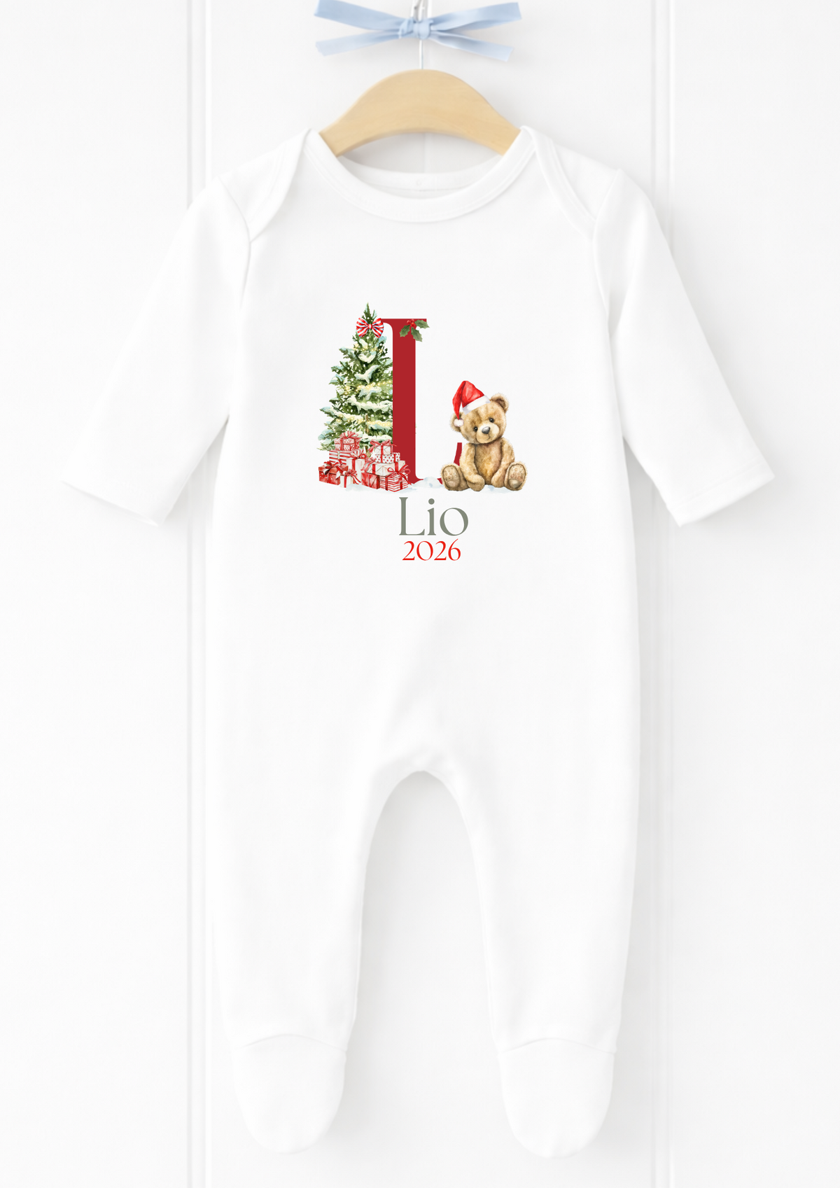Personalised teddy initial Christmas baby sleepsuit and vest