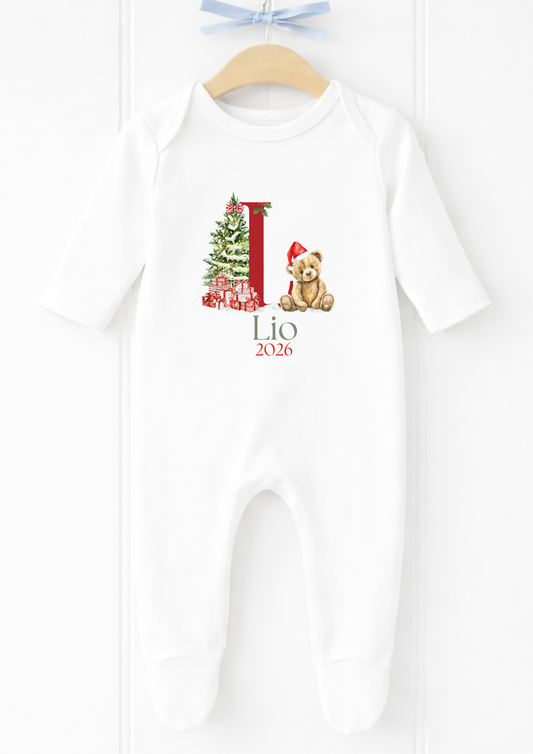Personalised teddy initial Christmas baby sleepsuit and vest