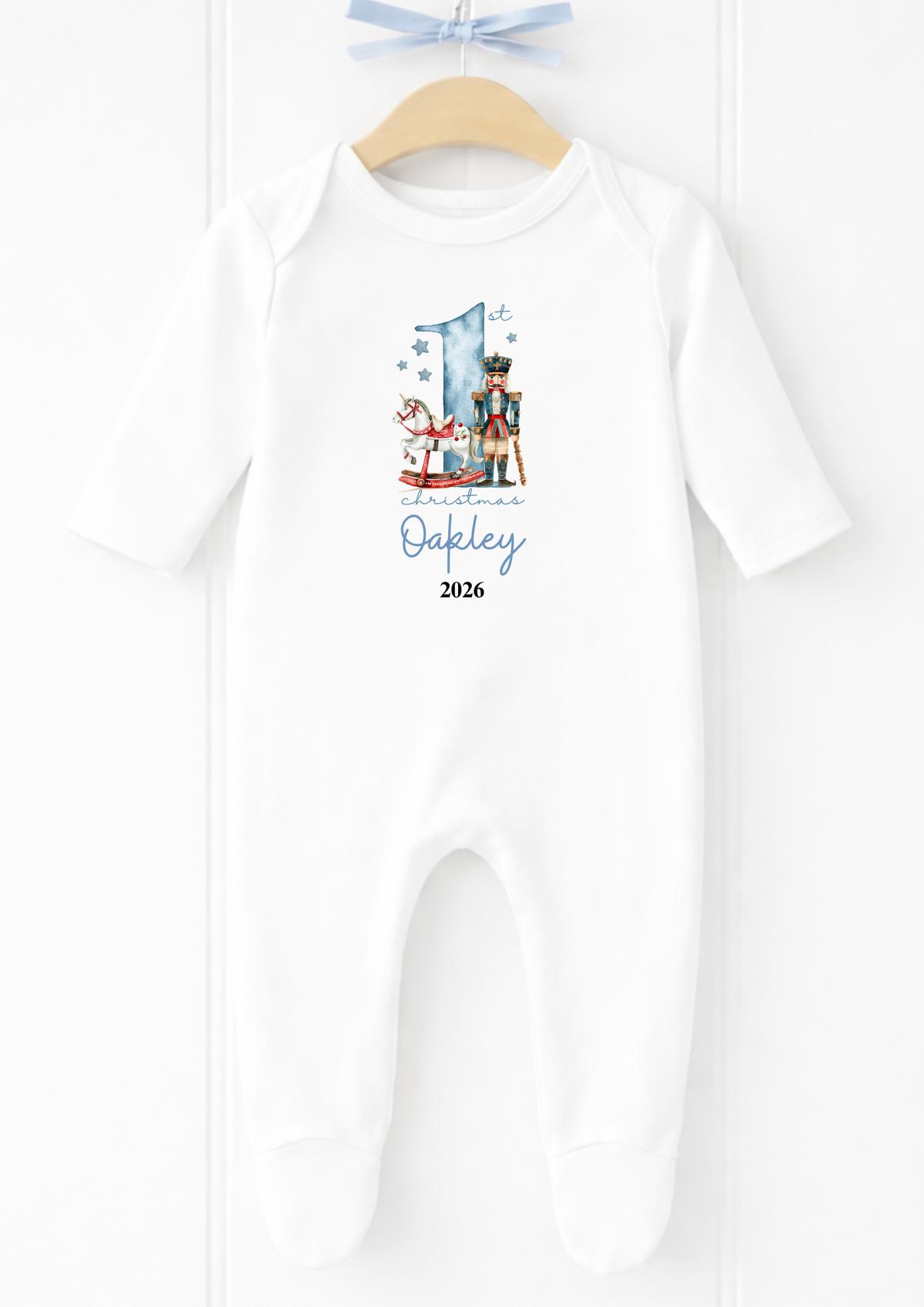 Personalised blue Santa initial Christmas sleepsuit and vest