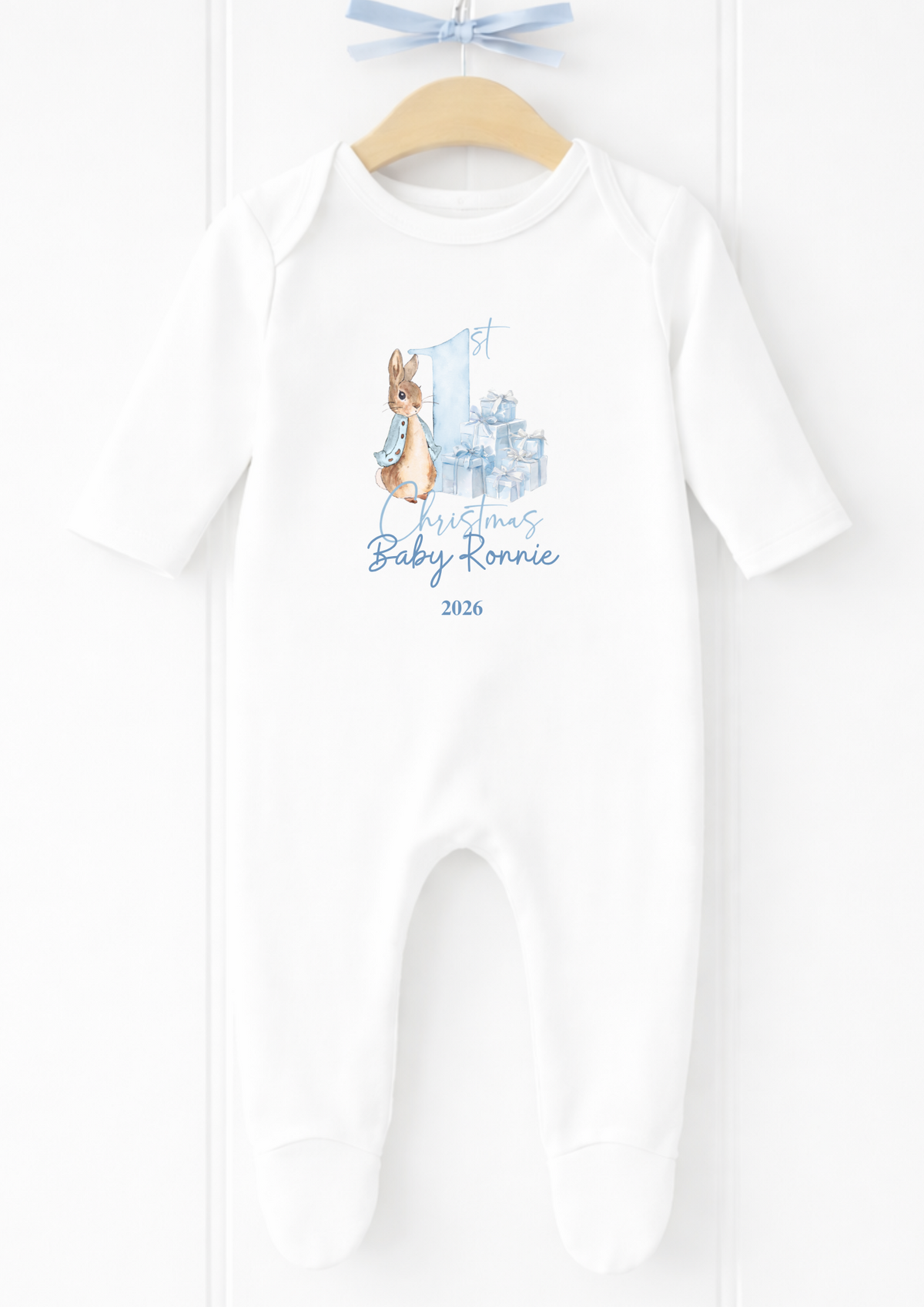 Personalised rabbit first Christmas baby sleepsuit and vest