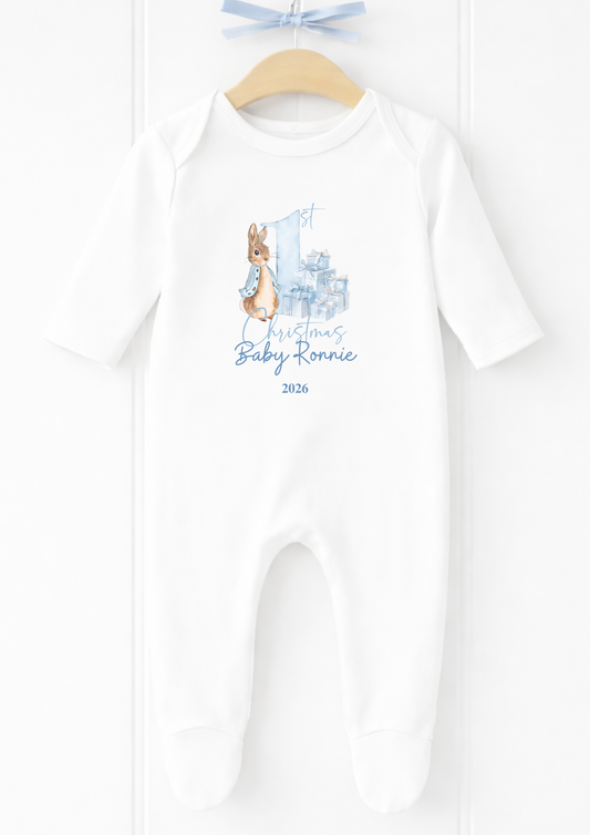 Personalised rabbit first Christmas baby sleepsuit and vest