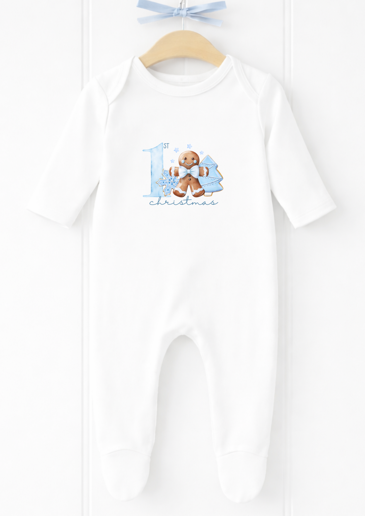 Personalised blue teddy first Christmas sleepsuit and vest
