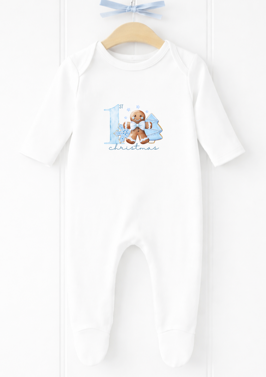 Personalised blue teddy first Christmas sleepsuit and vest