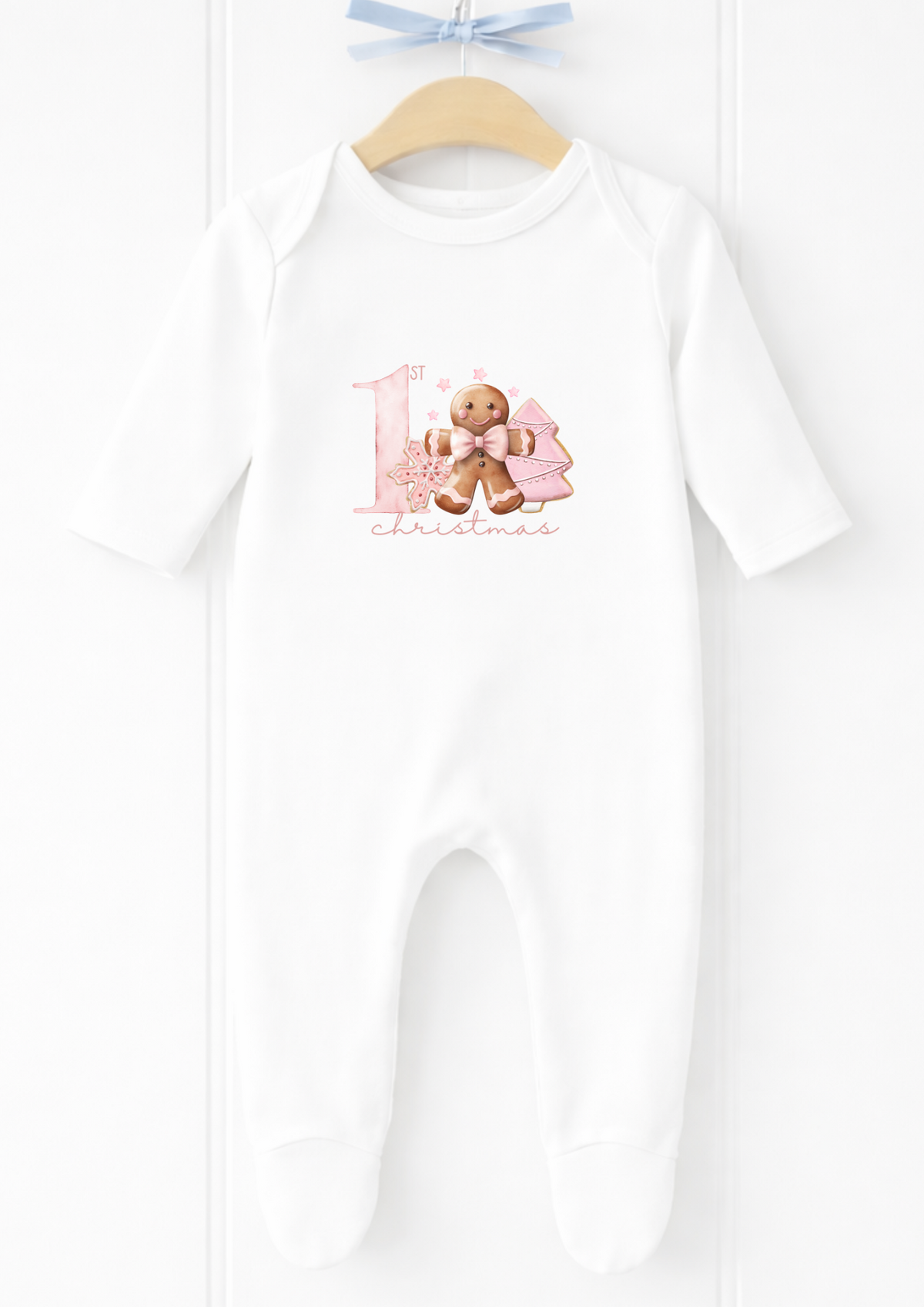 Personalised pink teddy first Christmas sleepsuit and vest