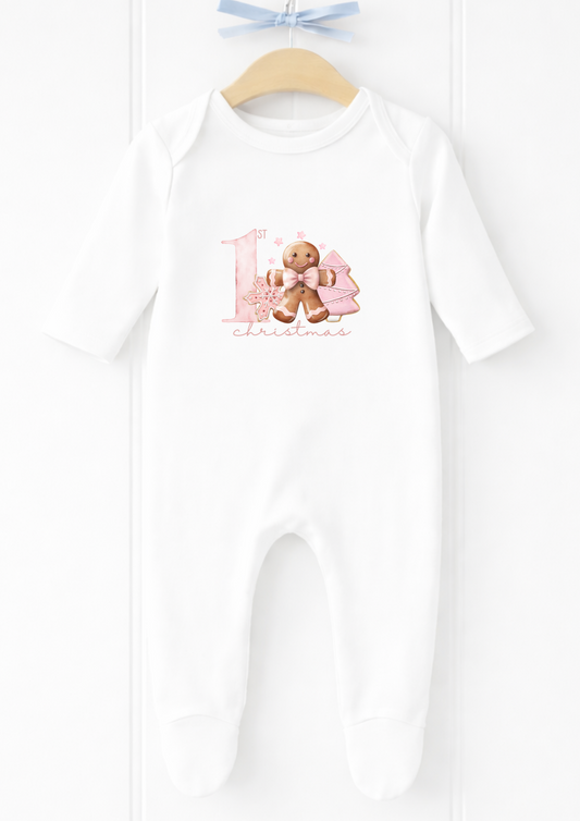 Personalised pink teddy first Christmas sleepsuit and vest